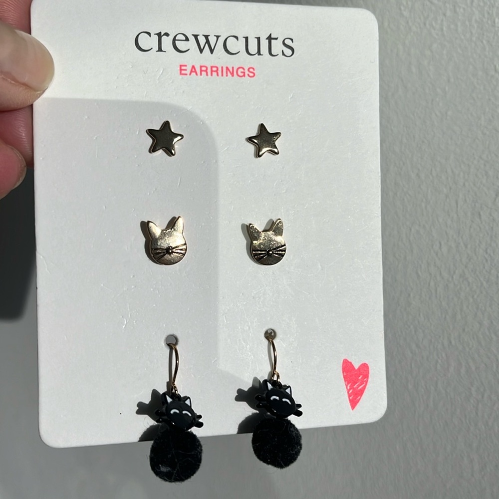 Crewcuts (J Crew) earrings kitty cat black set of 3 NWT